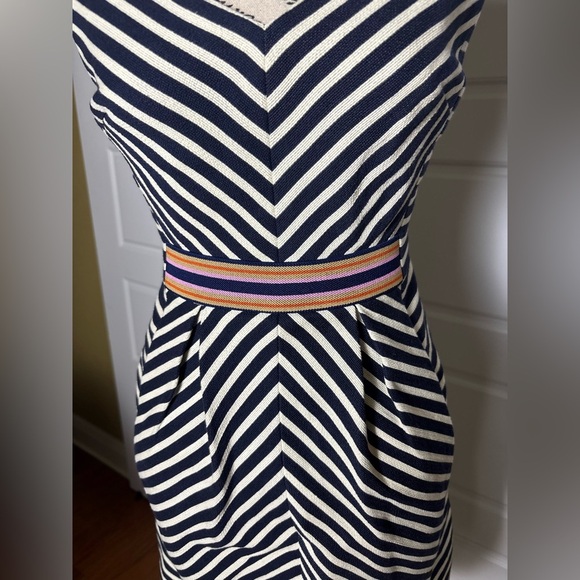 Anthropologie Maeve Mitered Navy & White Stripe Double V Sleeveless Dress - Picture 5 of 7